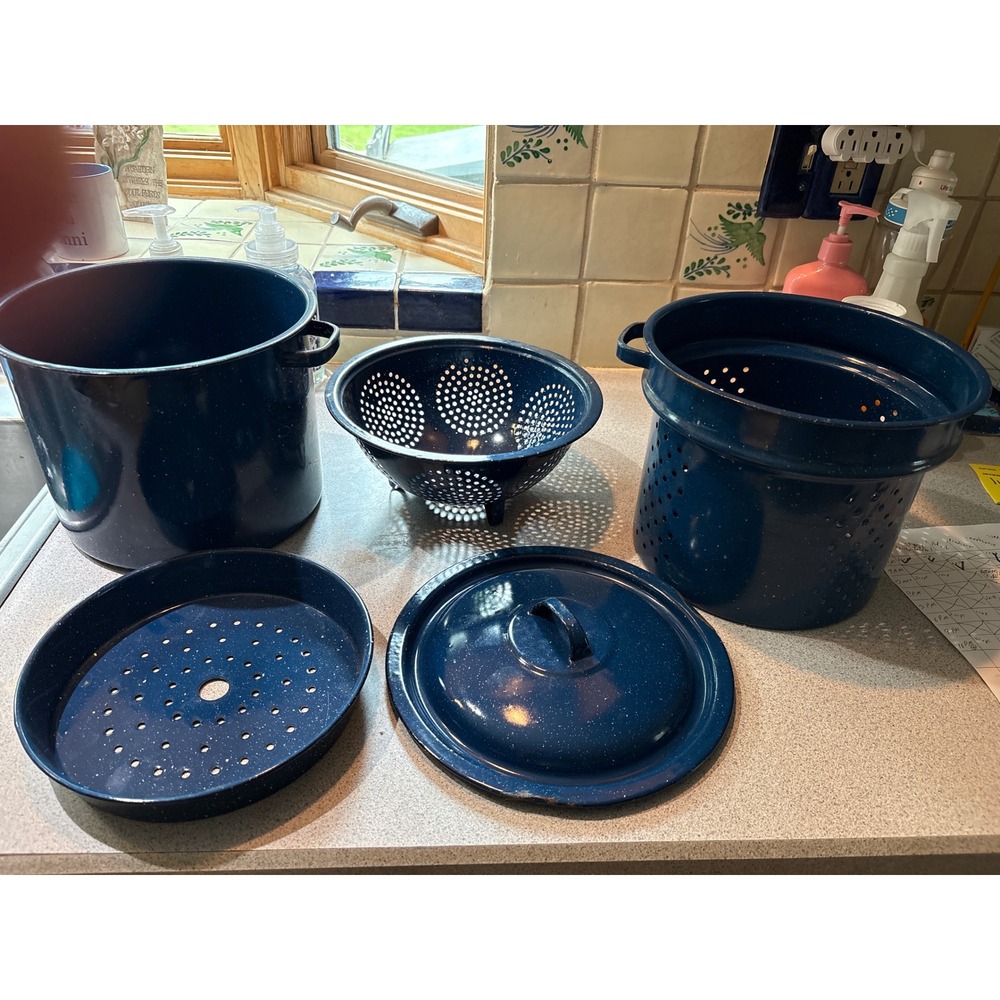 Vintage Blue Speckled Enamelware 5pc Set Stock Pot Steamer Colander Lid Granite